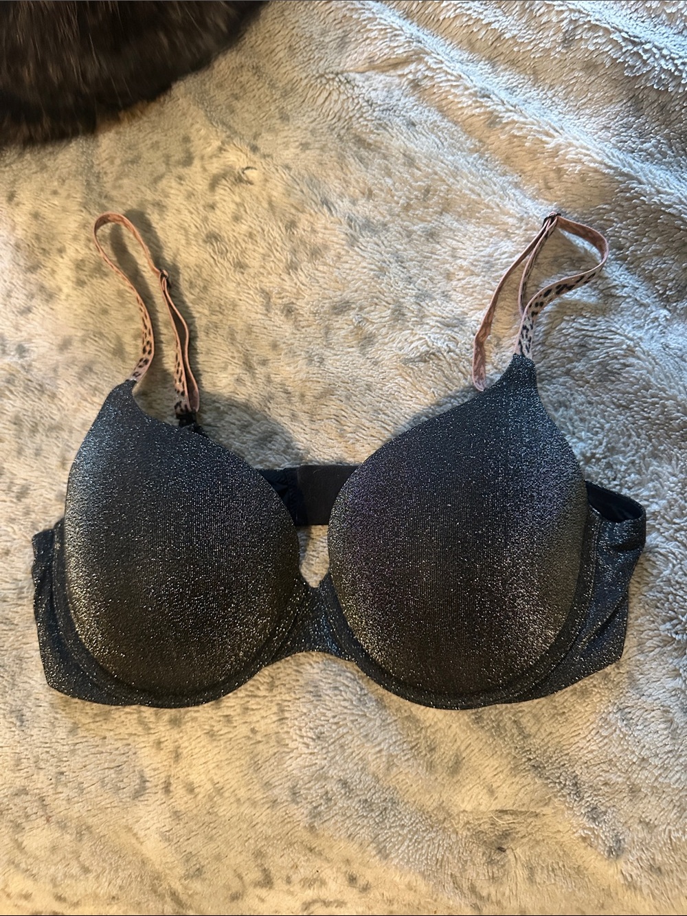 Victoria's Secret Shimmery Black Push-Up Bra with Leopard Accent Straps